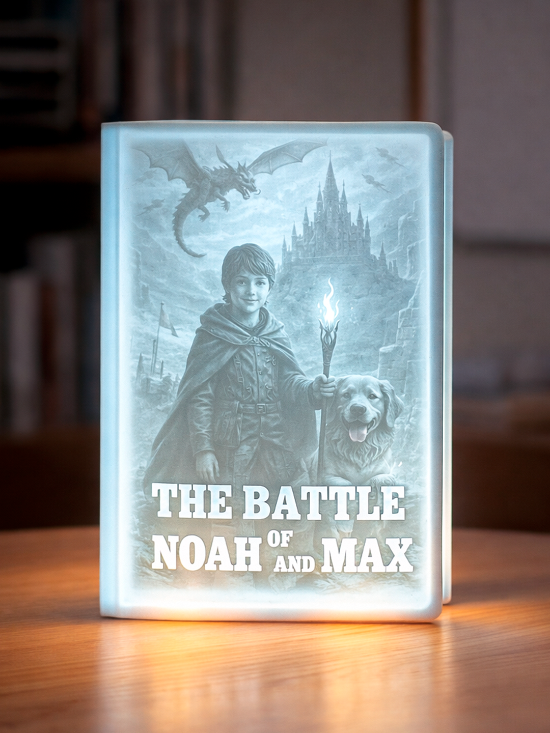 3D Photo Lithophane Lamps featuring a scene from The Battle of Noah and Max with a boy and his dog.