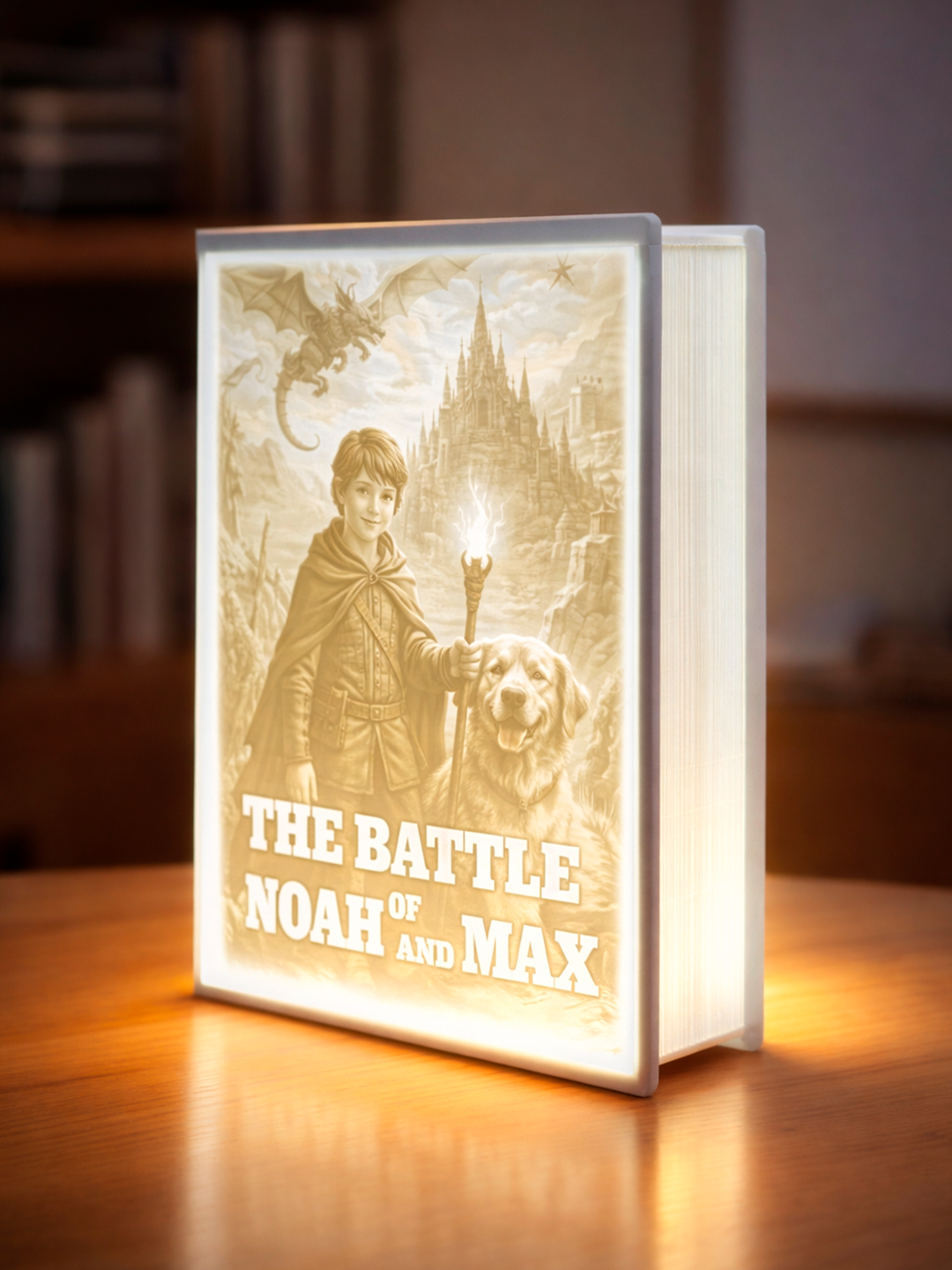 3D Photo Lithophane Lamps featuring a glowing book cover of The Battle of Noah and Max with intricate details.