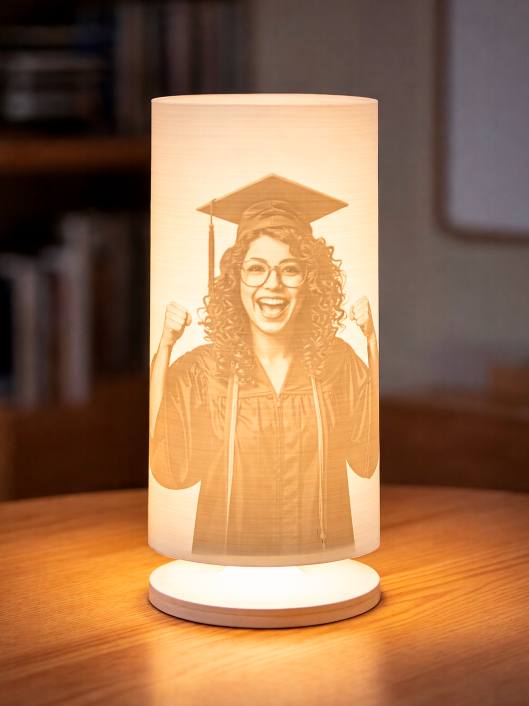 3D Photo Lithophane Lamps featuring a joyful graduate with glasses, illuminated beautifully to celebrate achievements.