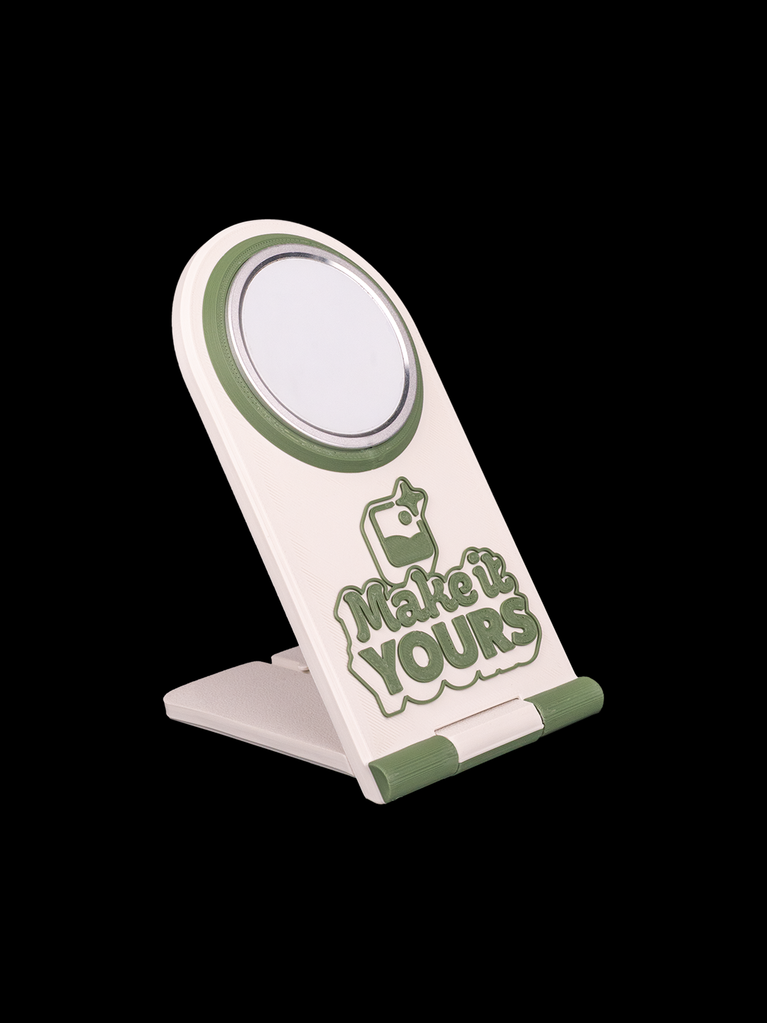 Phone stand with 'Make it YOURS' text on a white background