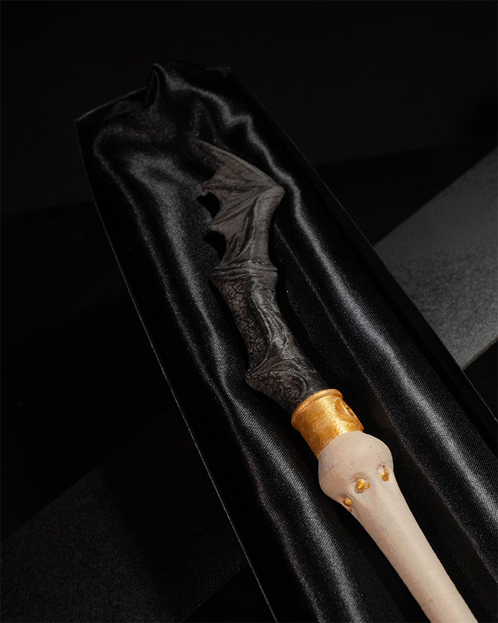 Wielders Customizable Wand - Personalized 3D printed magic prop with intricate bat-inspired design.