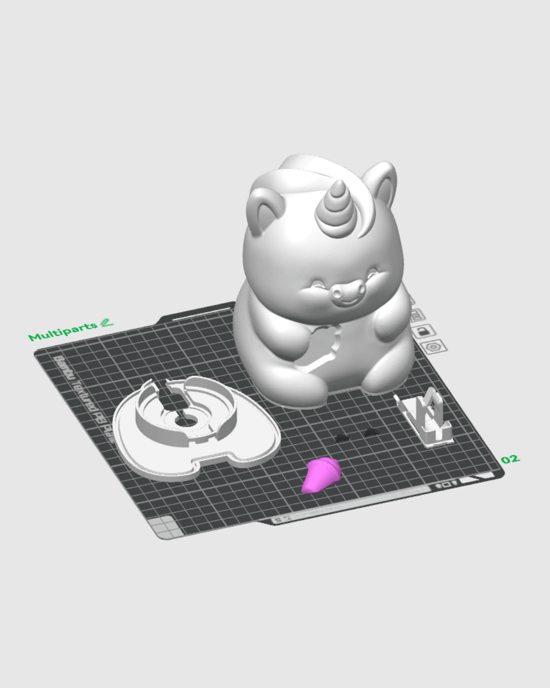 Horn of Light Table Lamp unicorn model displayed on a 3D printing grid with design parts.