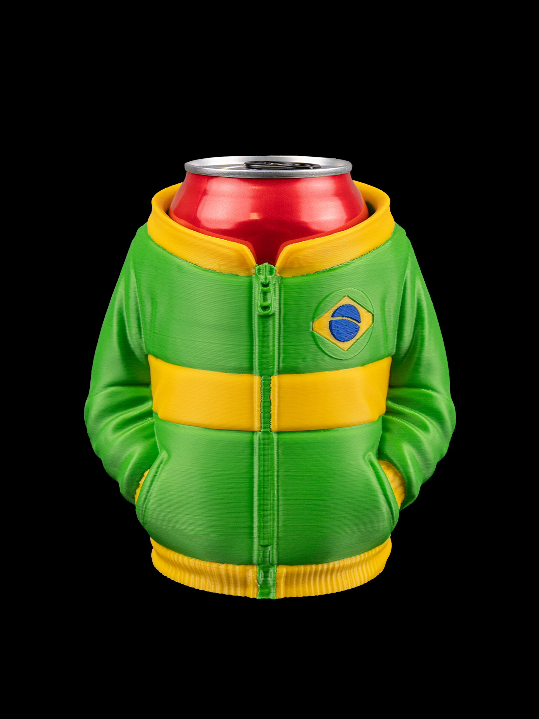Outfit Can Holder for Business showcasing a green and yellow jacket design with a can inside.