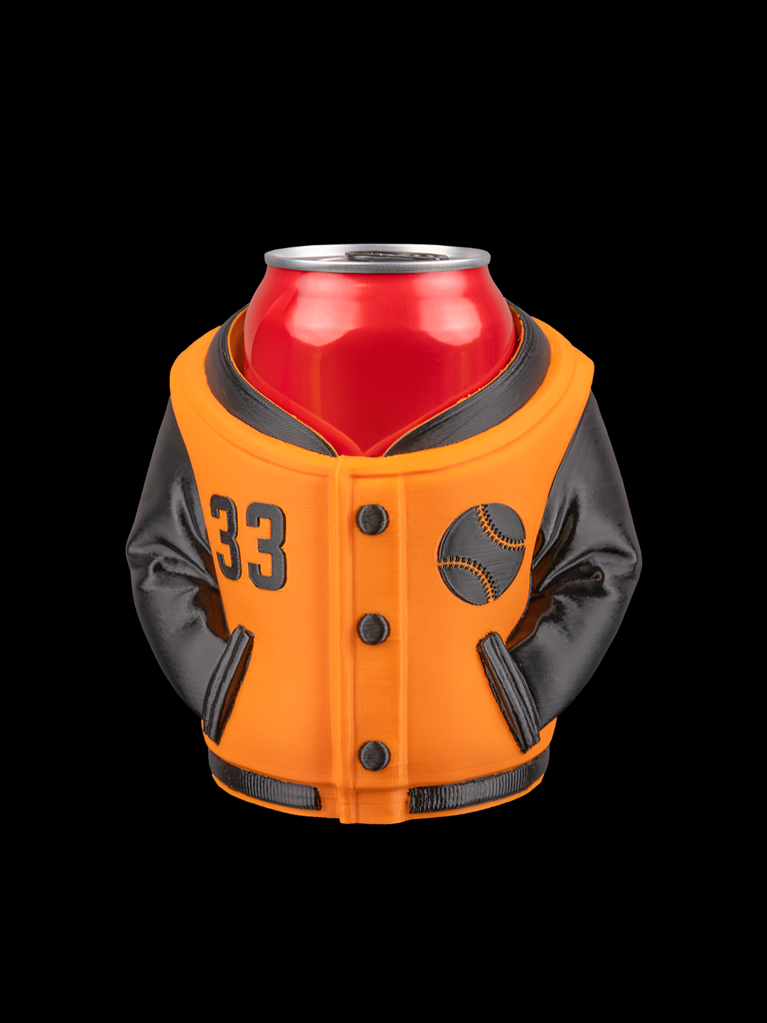 Outfit Can Holder for Business in orange and black sports jacket design, ideal for showcasing your brand.