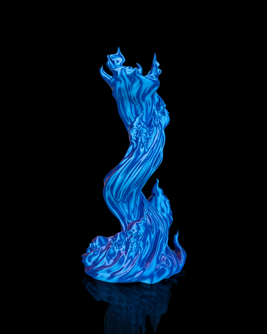 Skullflame Headphone Holder decorated in blue flames and arcane designs, perfect for gaming setups.