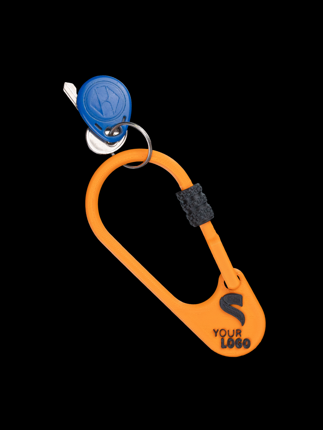 Useful Keychains for Promotion - orange custom logo keychain with blue key attachment.
