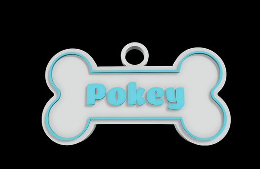 Customizable Pet Dog Tag in a bone shape with the name Pokey engraved in blue.